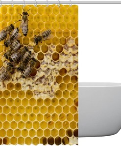 Yellow Honeycomb Bees Vintage Shower Curtain Waterproof Bathroom Decor with Grommets