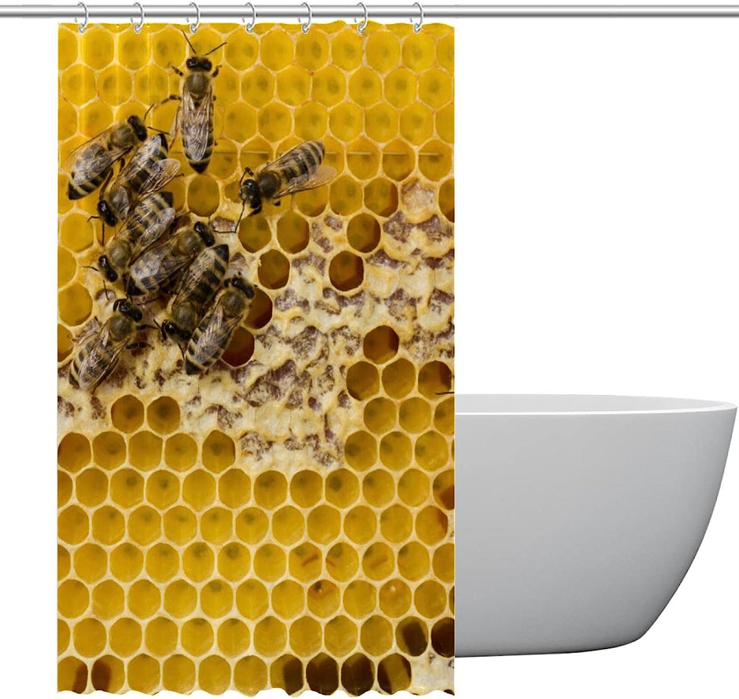 Yellow Honeycomb Bees Vintage Shower Curtain Waterproof Bathroom Decor with Grommets