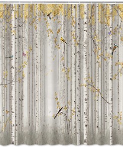 Yellow Leaves Birch Tree Shower Curtain With Butterfly And Bird Print, Fall Bathroom Decor