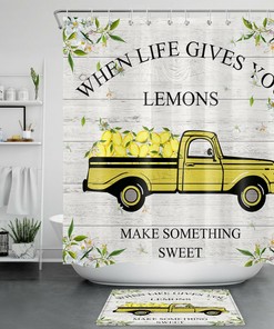 Yellow Lemon Farm Truck Shower Curtain with a Rustic and Vintage Design for a Farmhouse Bathroom 