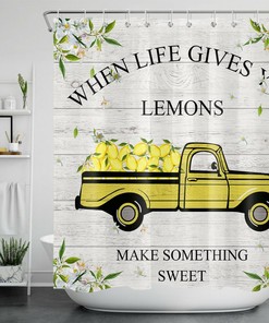 Yellow Lemon Farm Truck Shower Curtain with a Rustic and Vintage Design for a Farmhouse Bathroom