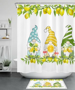 Yellow Lemon Green Leaves Funny Gnome Shower Curtain - Cute Bathroom Accessory