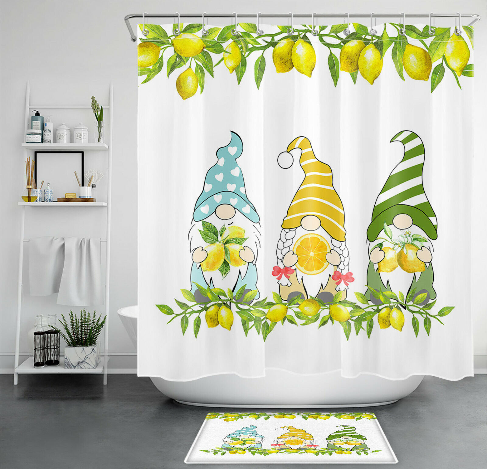 Yellow Lemon Green Leaves Funny Gnome Shower Curtain - Cute Bathroom Accessory