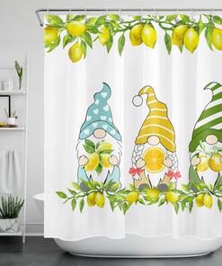 Yellow Lemon Green Leaves Funny Gnome Shower Curtain - Cute Bathroom Accessory
