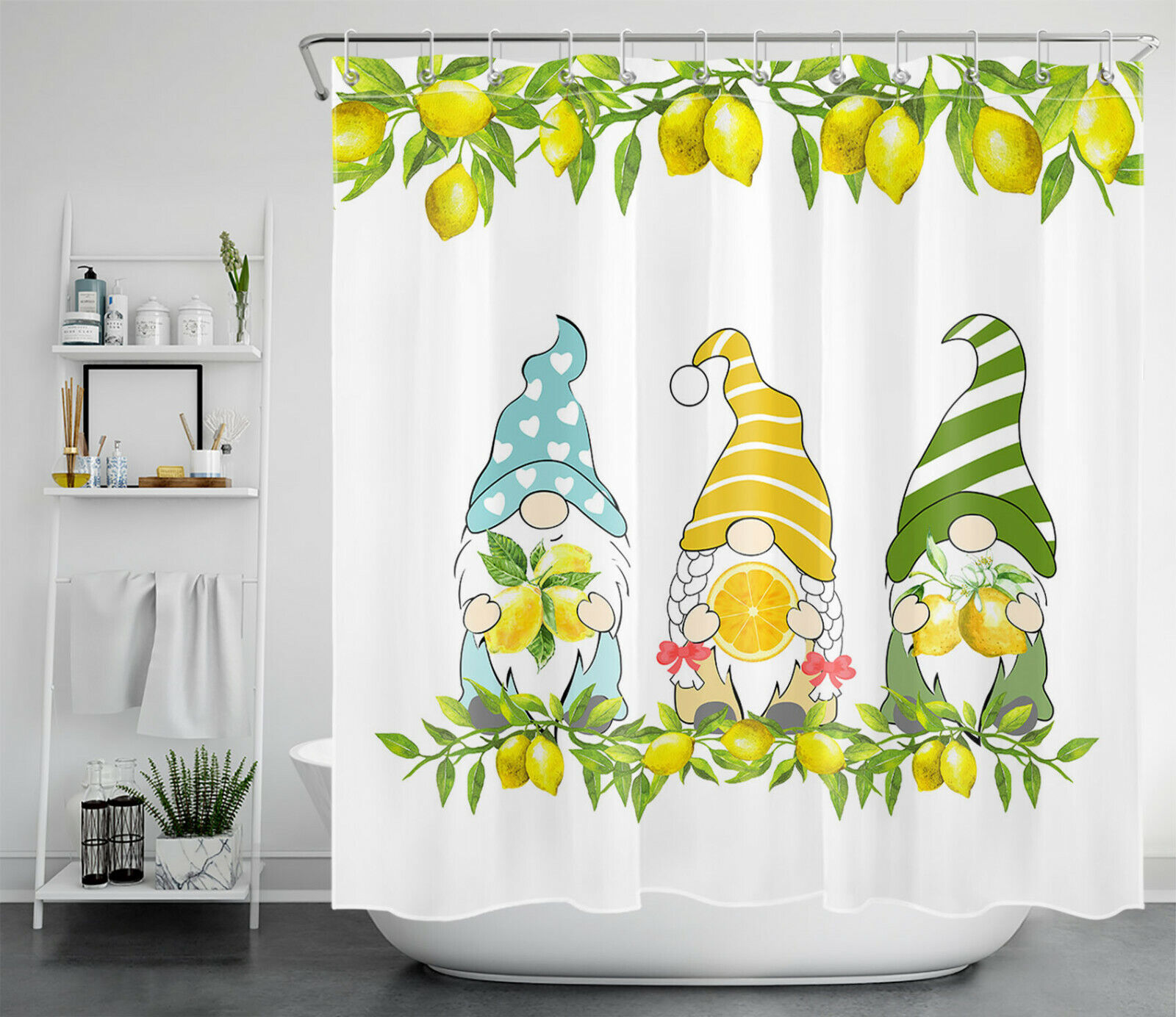 Yellow Lemon Green Leaves Funny Gnome Shower Curtain - Cute Bathroom Accessory