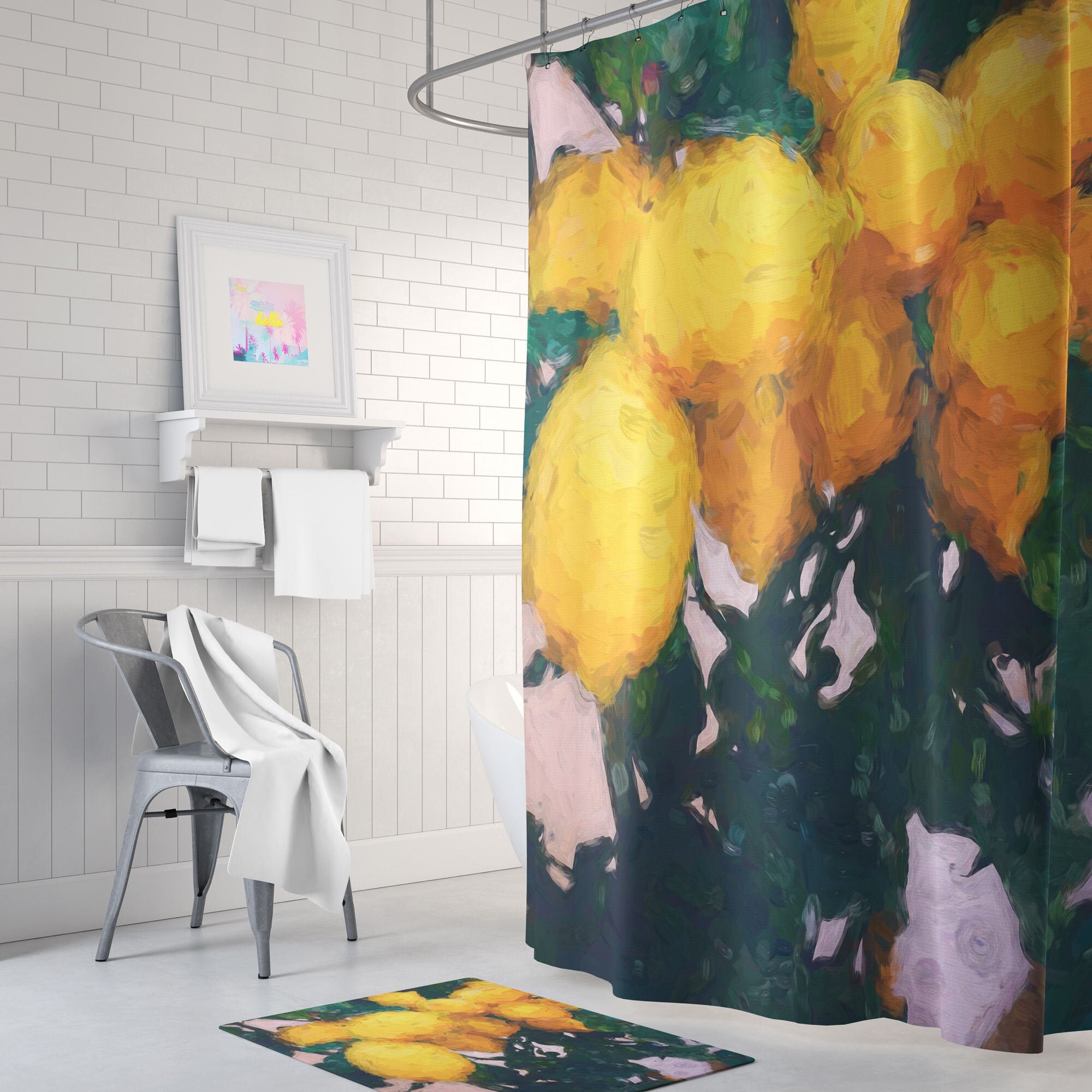Yellow Lemon Print Shower Curtain, Unique Bathroom Decor Gift