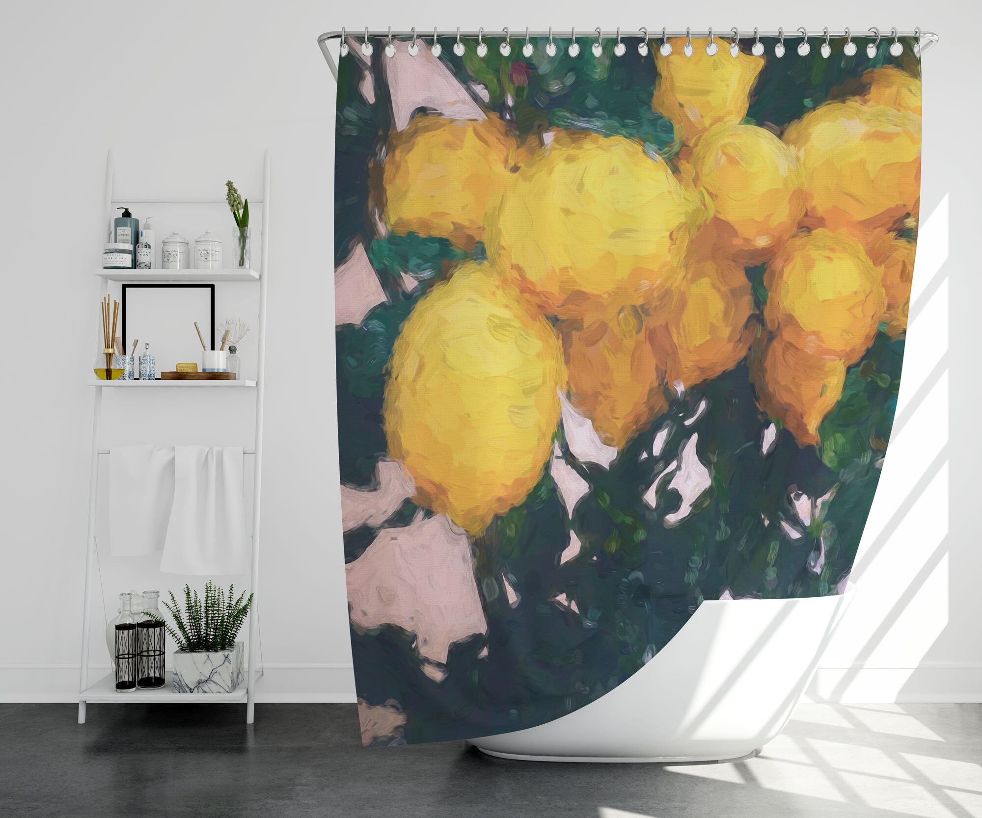 Yellow Lemon Print Shower Curtain, Unique Bathroom Decor Gift