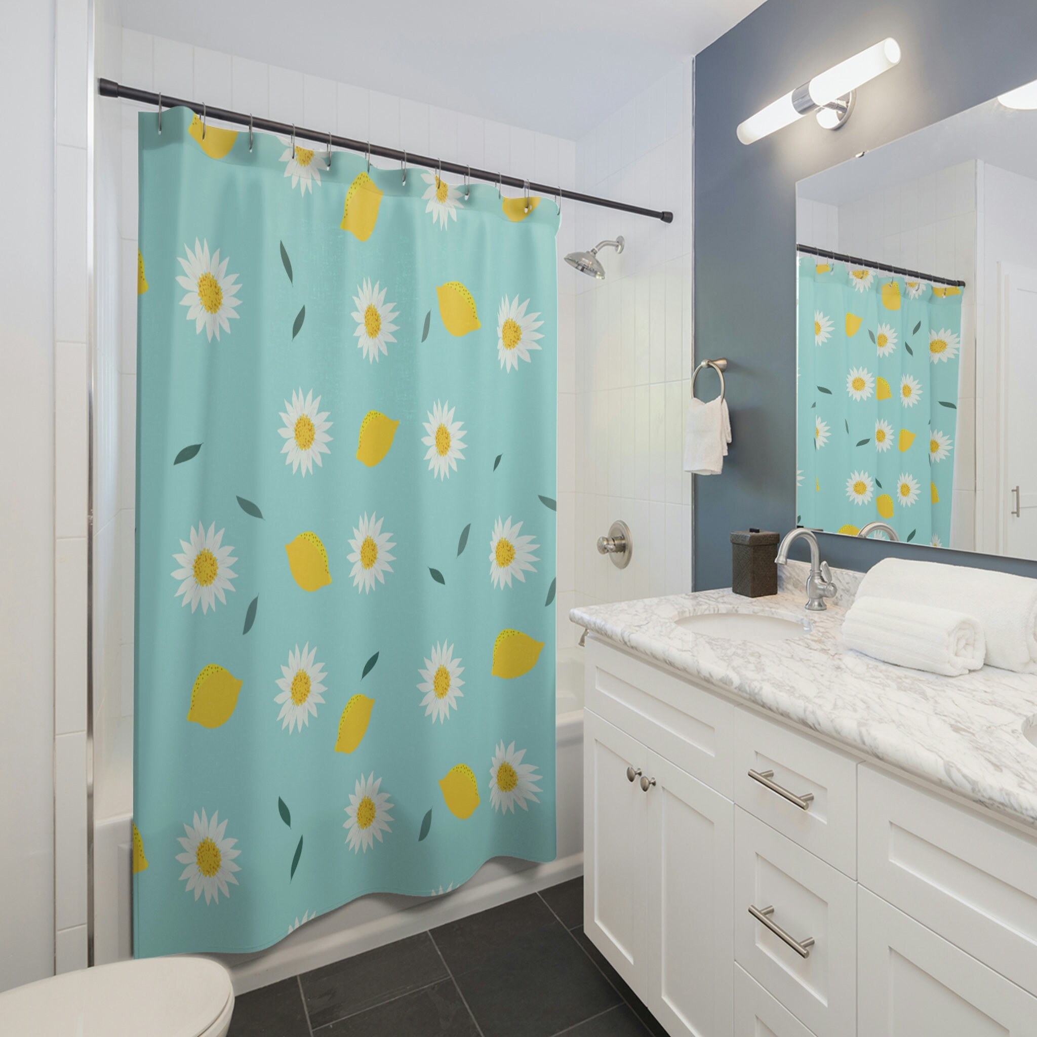 Yellow Lemon Prints Shower Curtain for Cheerful Bathroom Design