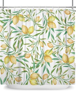 Yellow Lemon Shower Curtain With Fruits And Green Leaves Design - Waterproof