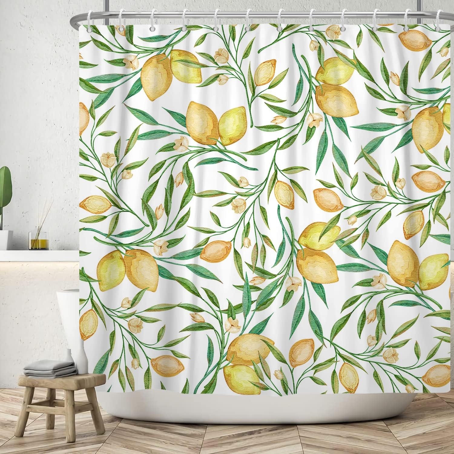 Yellow Lemon Shower Curtain With Fruits And Green Leaves Design - Waterproof - Image 2