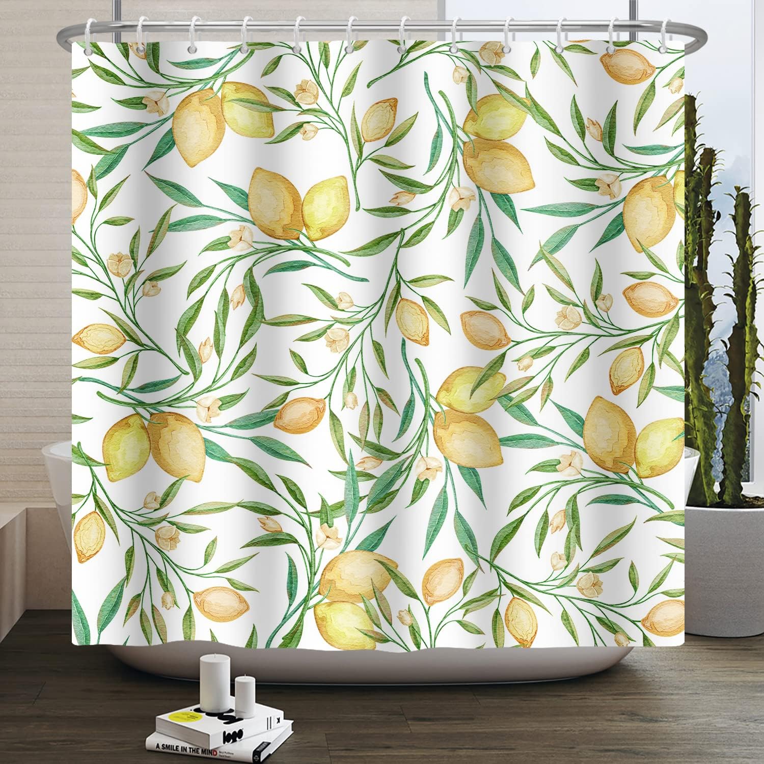 Yellow Lemon Shower Curtain With Fruits And Green Leaves Design - Waterproof - Image 3