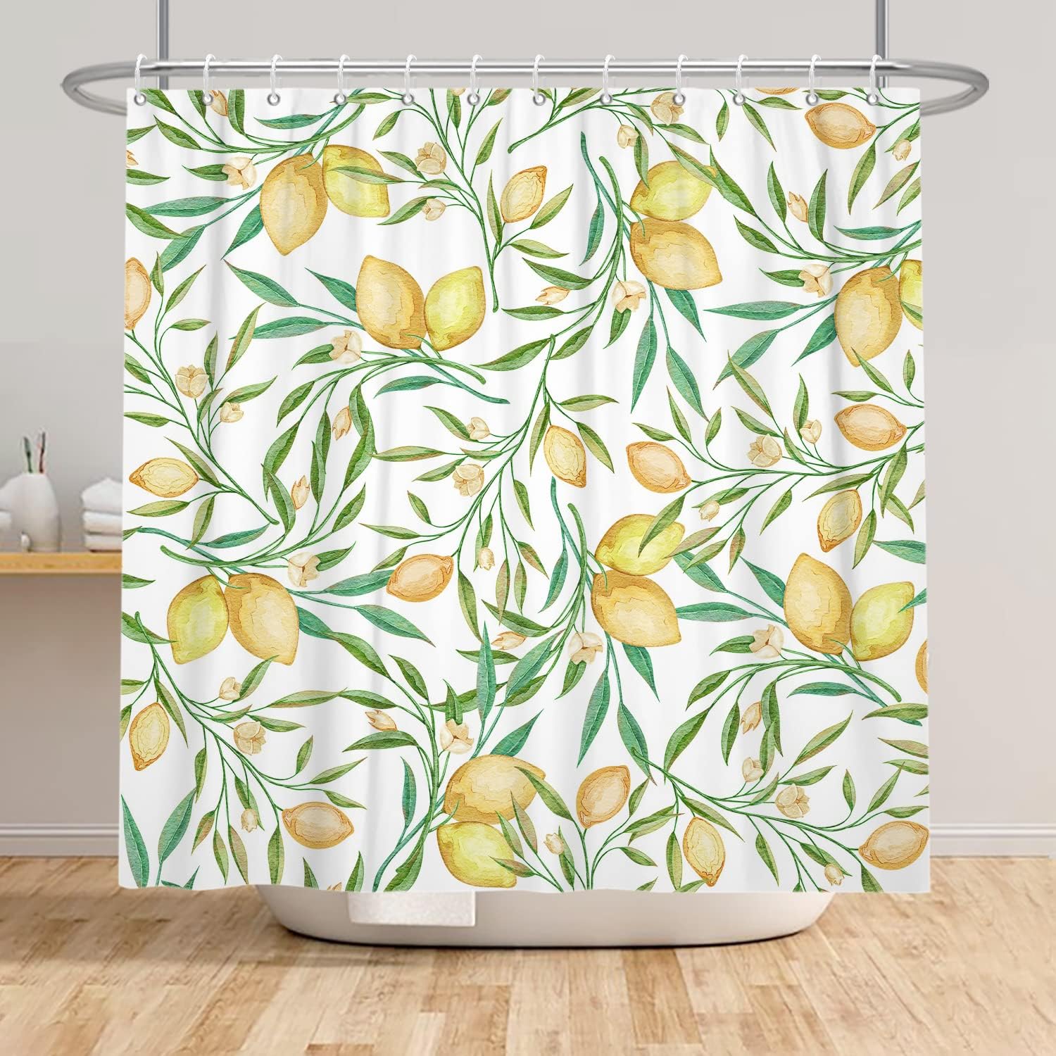 Yellow Lemon Shower Curtain With Fruits And Green Leaves Design - Waterproof - Image 4