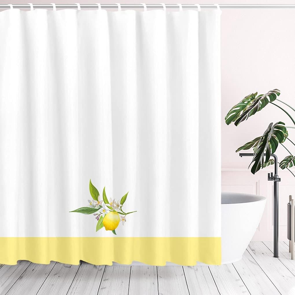 Yellow Lemon Summer Fruits Shower Curtain, White Background Waterproof Fabric Bathroom Decor
