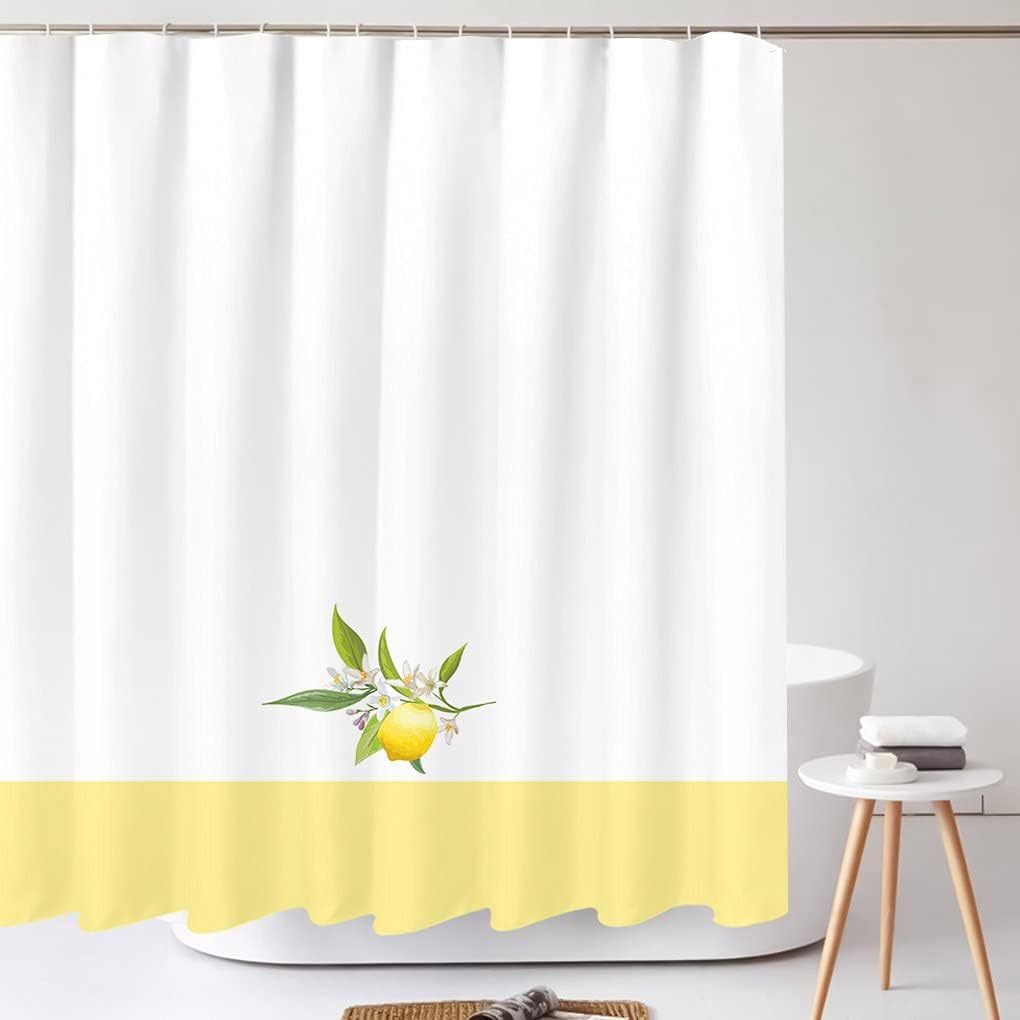 Yellow Lemon Summer Fruits Shower Curtain, White Background Waterproof Fabric Bathroom Decor