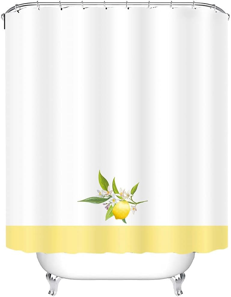 Yellow Lemon Summer Fruits Shower Curtain, White Background Waterproof Fabric Bathroom Decor