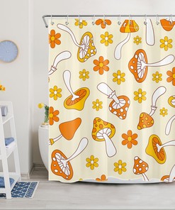 Yellow Orange Nature Shower Curtain with Plant and Mushroom Design for a Serene Bathroom 