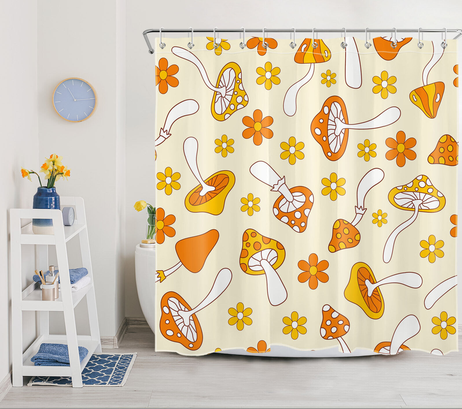 Yellow Orange Nature Shower Curtain with Plant and Mushroom Design for a Serene Bathroom