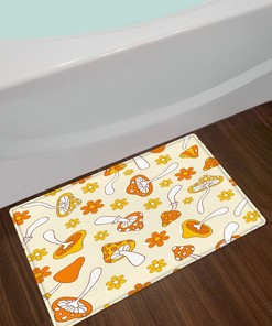 Yellow Orange Nature Shower Curtain with Plant and Mushroom Design for a Serene Bathroom