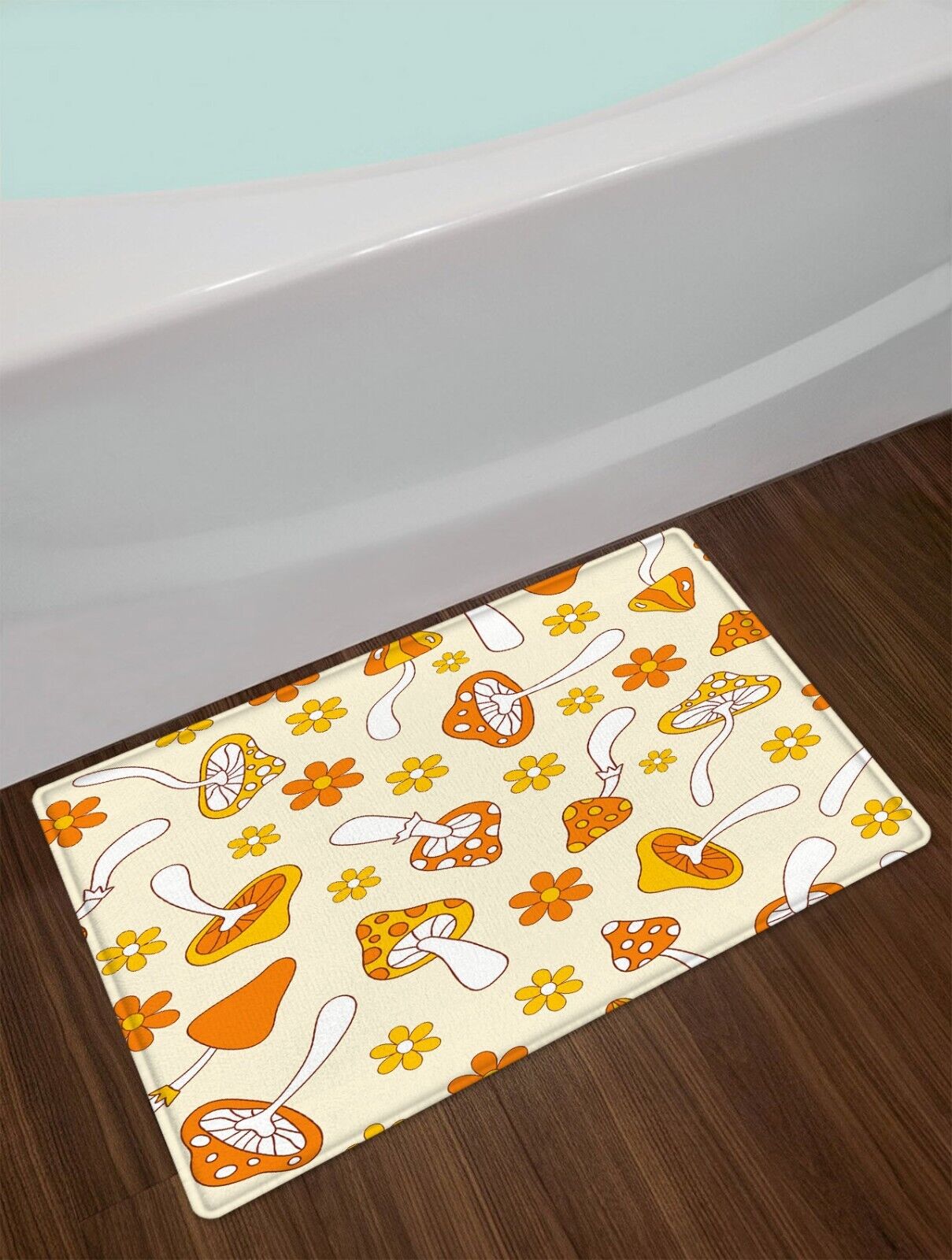 Yellow Orange Nature Shower Curtain with Plant and Mushroom Design for a Serene Bathroom