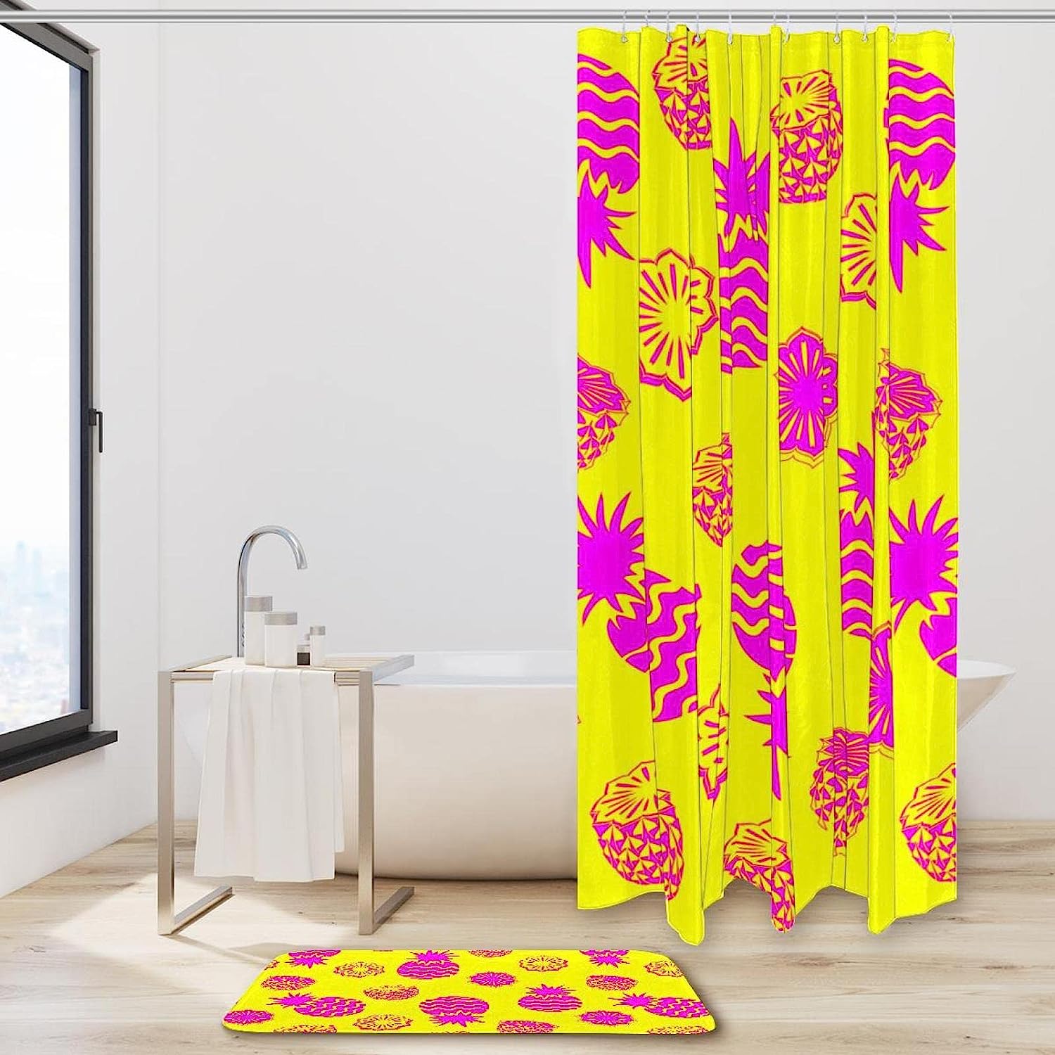 Yellow Pineapple Fruit Pattern Shower Curtain Waterproof Fabric Bathroom Curtain