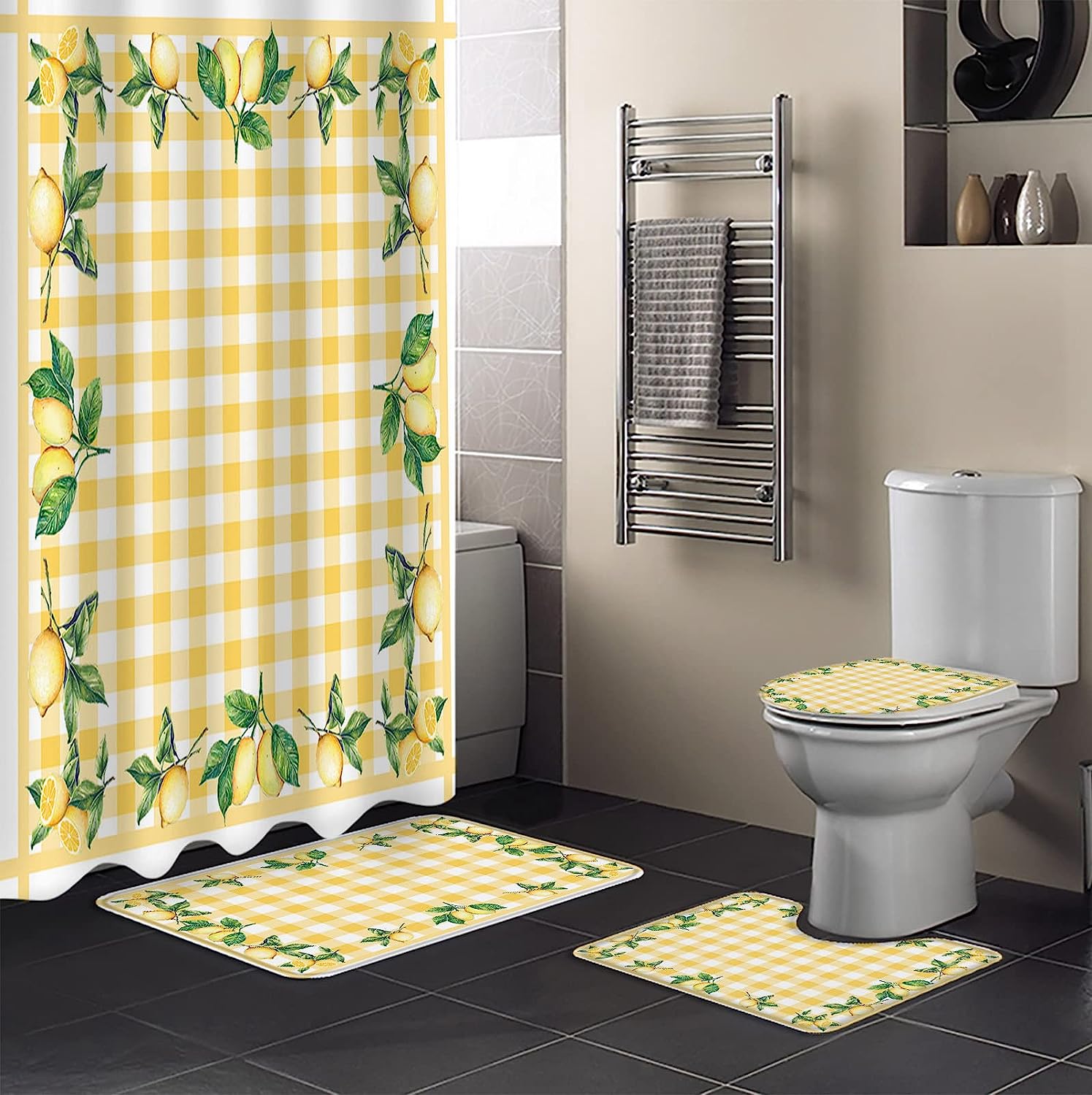 Yellow Plaid Lemon Leaves Summer Shower Curtain for Bathroom