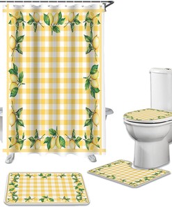Yellow Plaid Lemon Leaves Summer Shower Curtain for Bathroom
