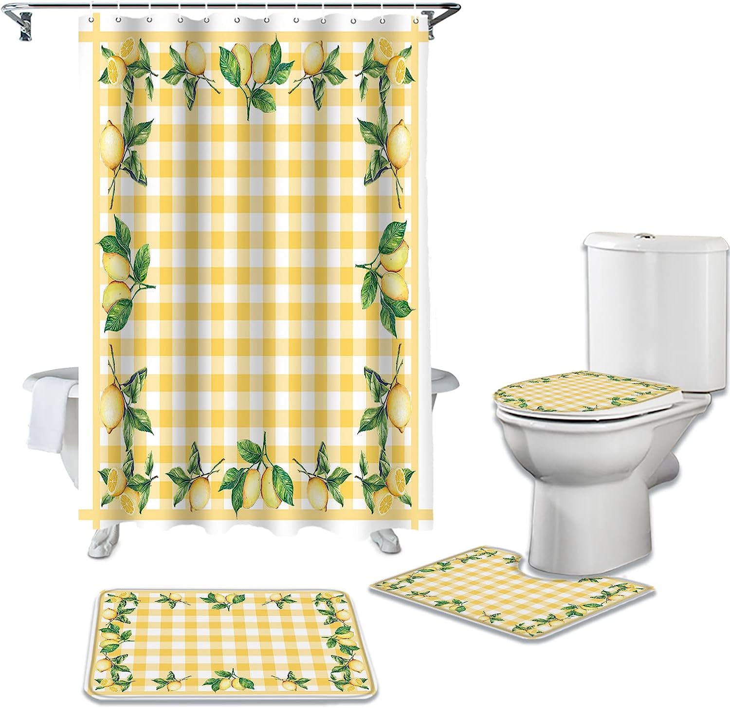 Yellow Plaid Lemon Leaves Summer Shower Curtain for Bathroom