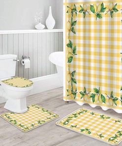 Yellow Plaid Lemon Leaves Summer Shower Curtain for Bathroom
