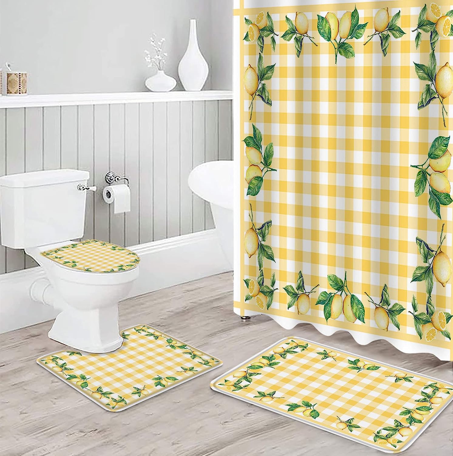 Yellow Plaid Lemon Leaves Summer Shower Curtain for Bathroom