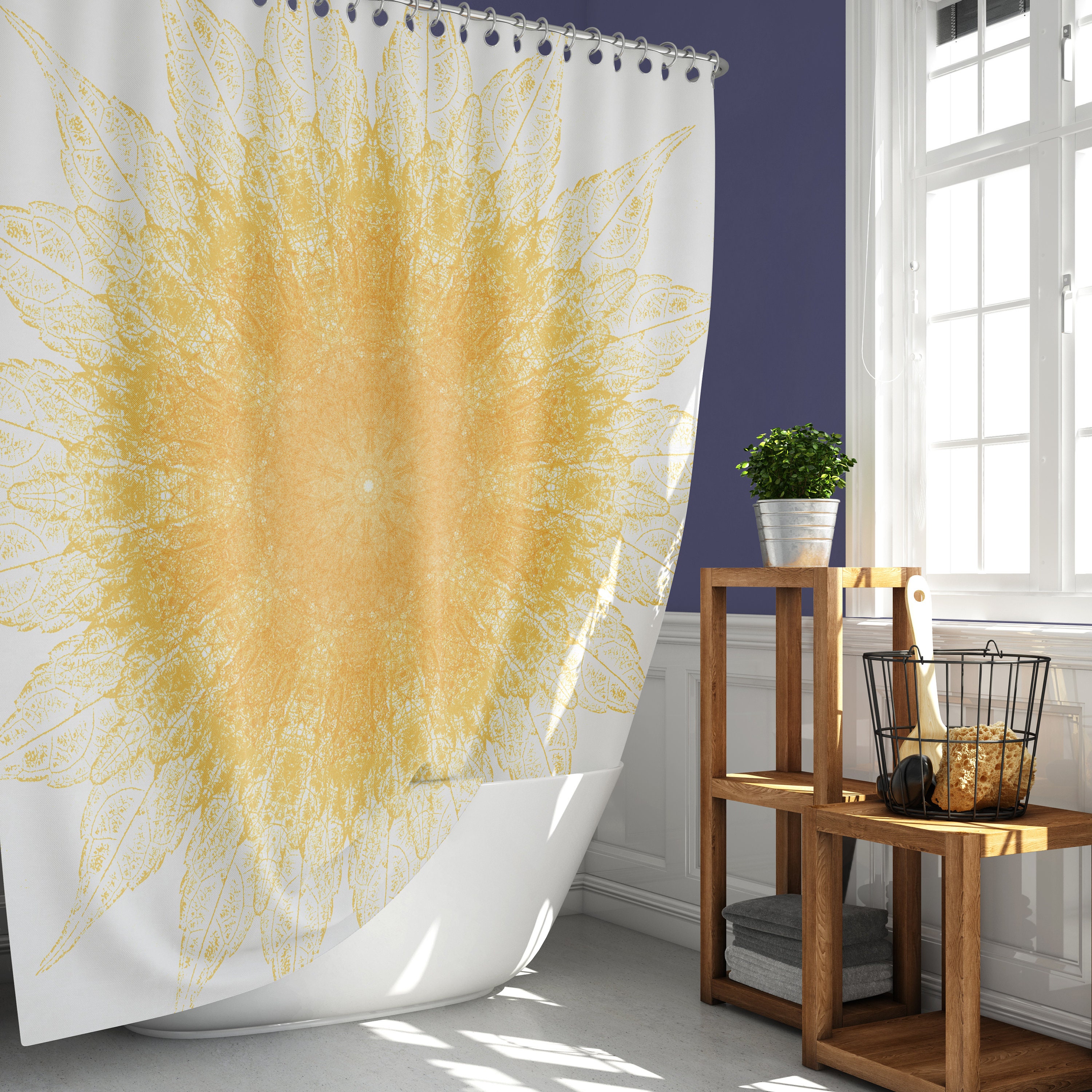 Yellow Starburst Mandala Shower Curtain with Sunny Starburst Pattern for Vibrant Bathroom Decor