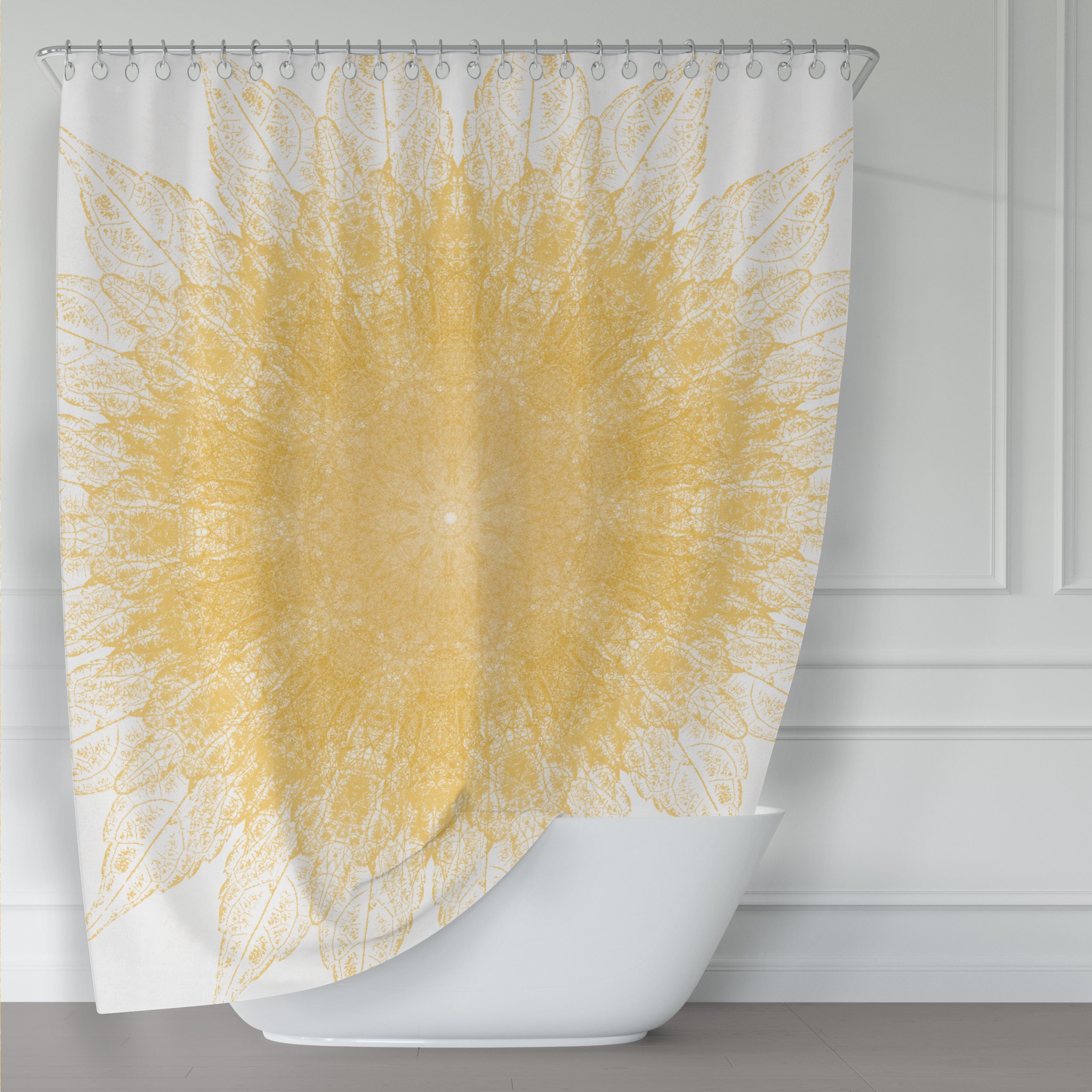 Yellow Starburst Mandala Shower Curtain with Sunny Starburst Pattern for Vibrant Bathroom Decor