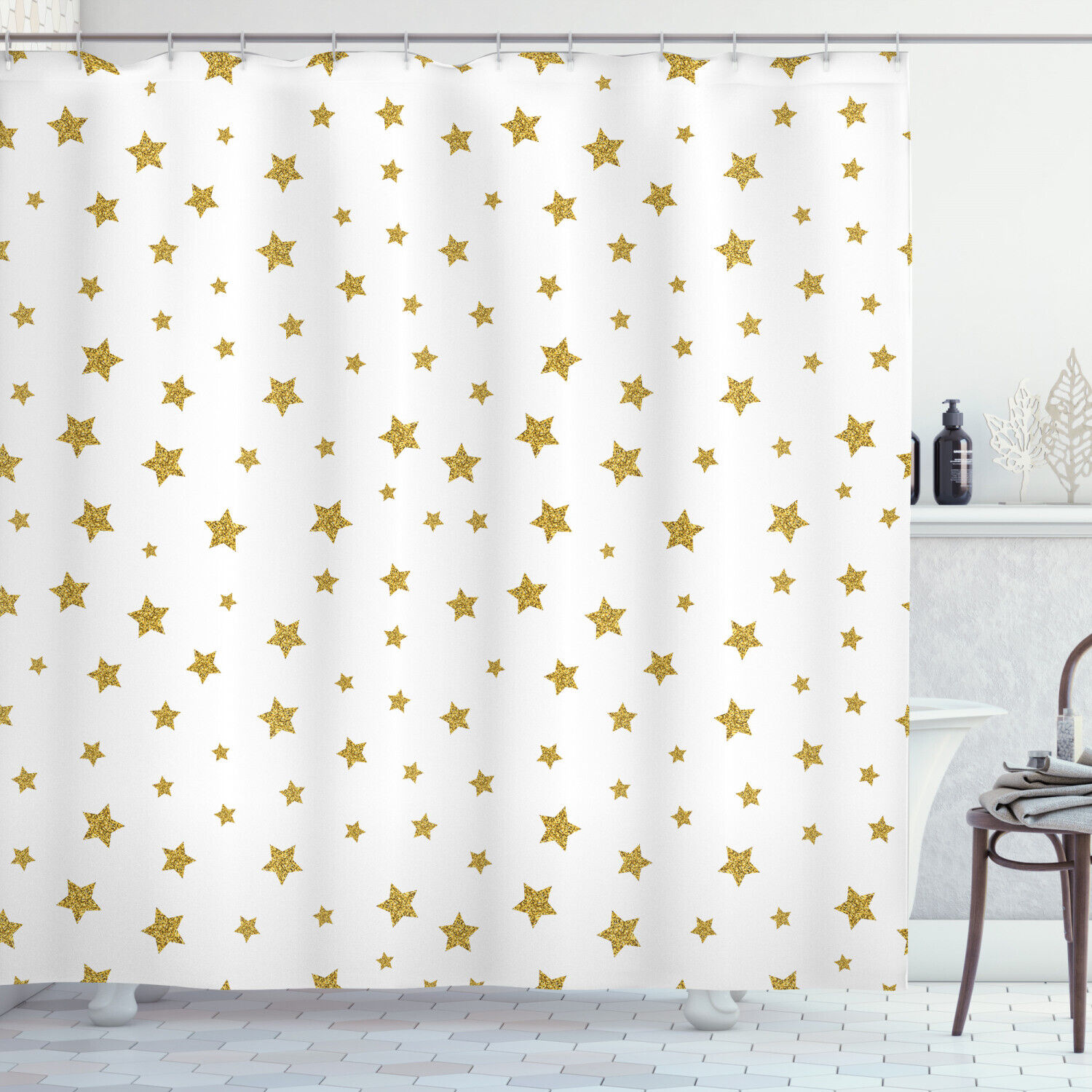 Yellow Stars Pattern Print Birthday Shower Curtain For Bathroom - Waterproof Fabric