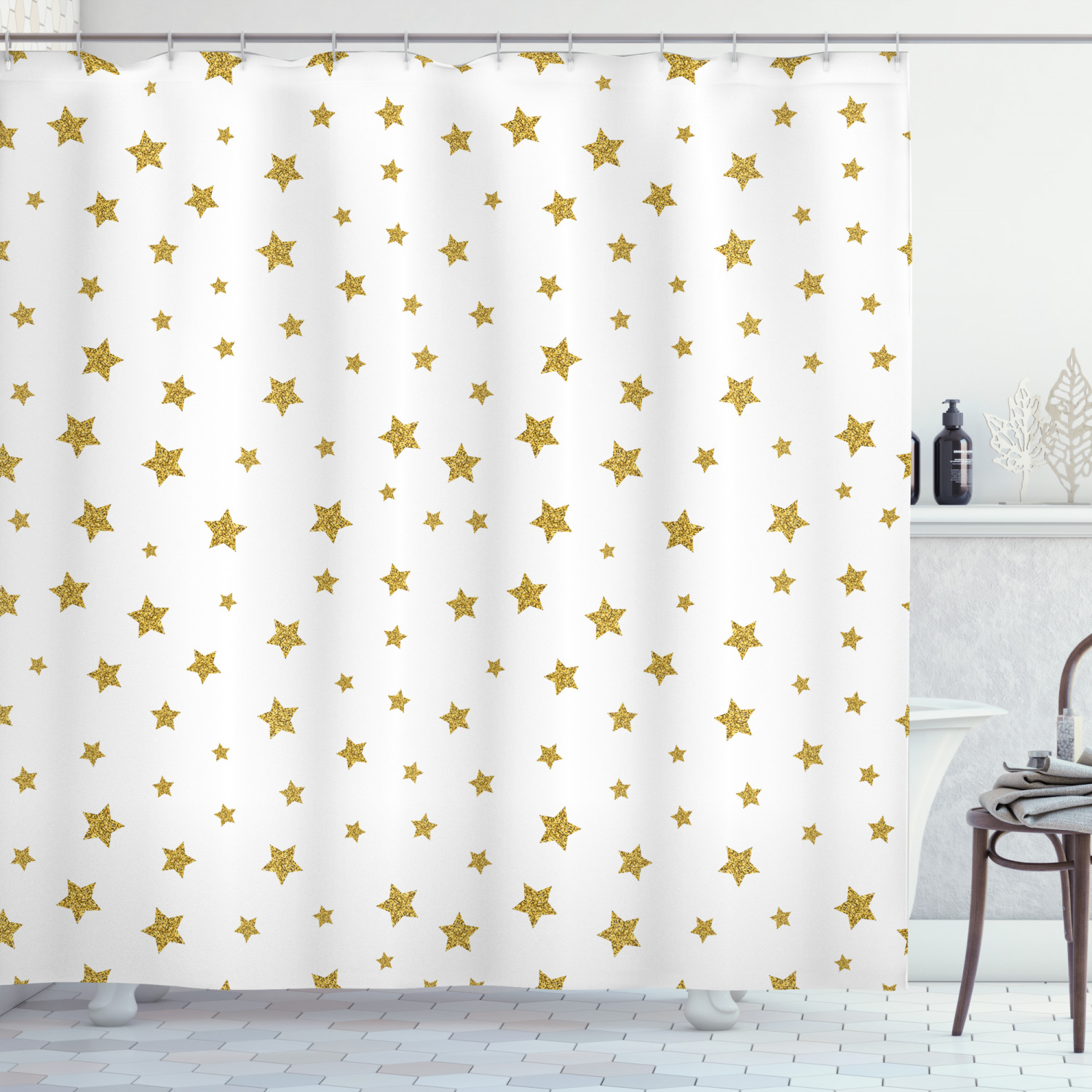 Yellow Stars Pattern Print Birthday Shower Curtain For Bathroom - Waterproof Fabric - Image 3