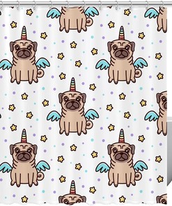 Yellow Stars Pug Dog Unicorn Shower Curtain, Quirky Animal Bathroom Accessory