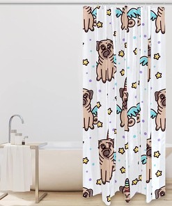 Yellow Stars Pug Dog Unicorn Shower Curtain, Quirky Animal Bathroom Accessory