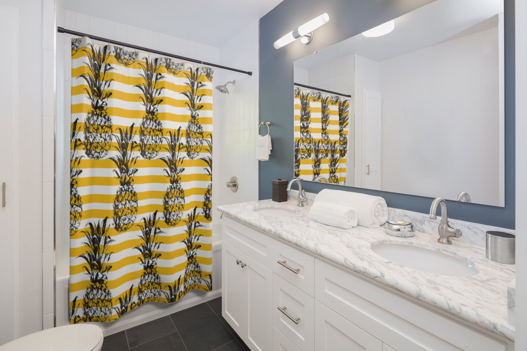Yellow Stripe Pineapple Shower Curtain for Summer Vibes