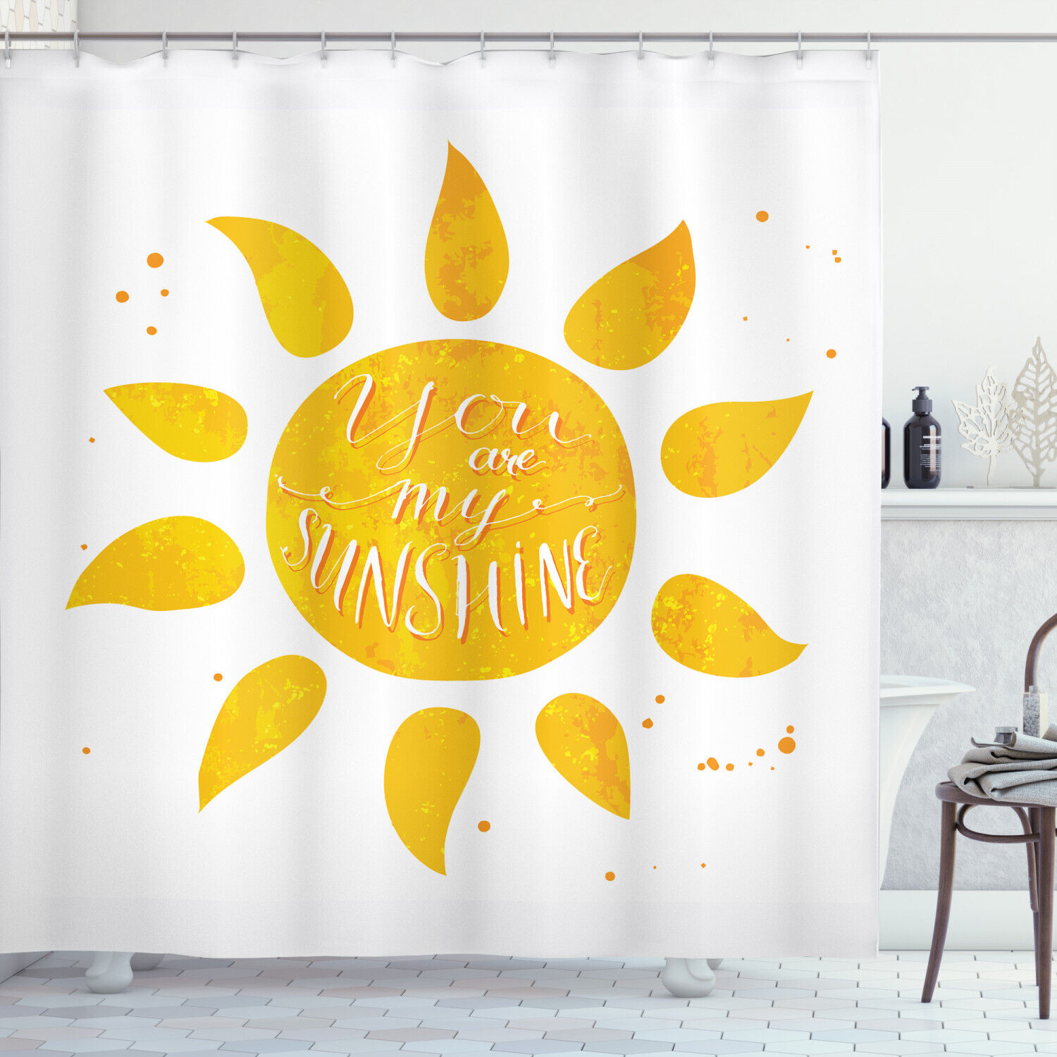 Yellow Sun Romance Quote White Print Shower Curtain for Inspirational Bathroom Decor