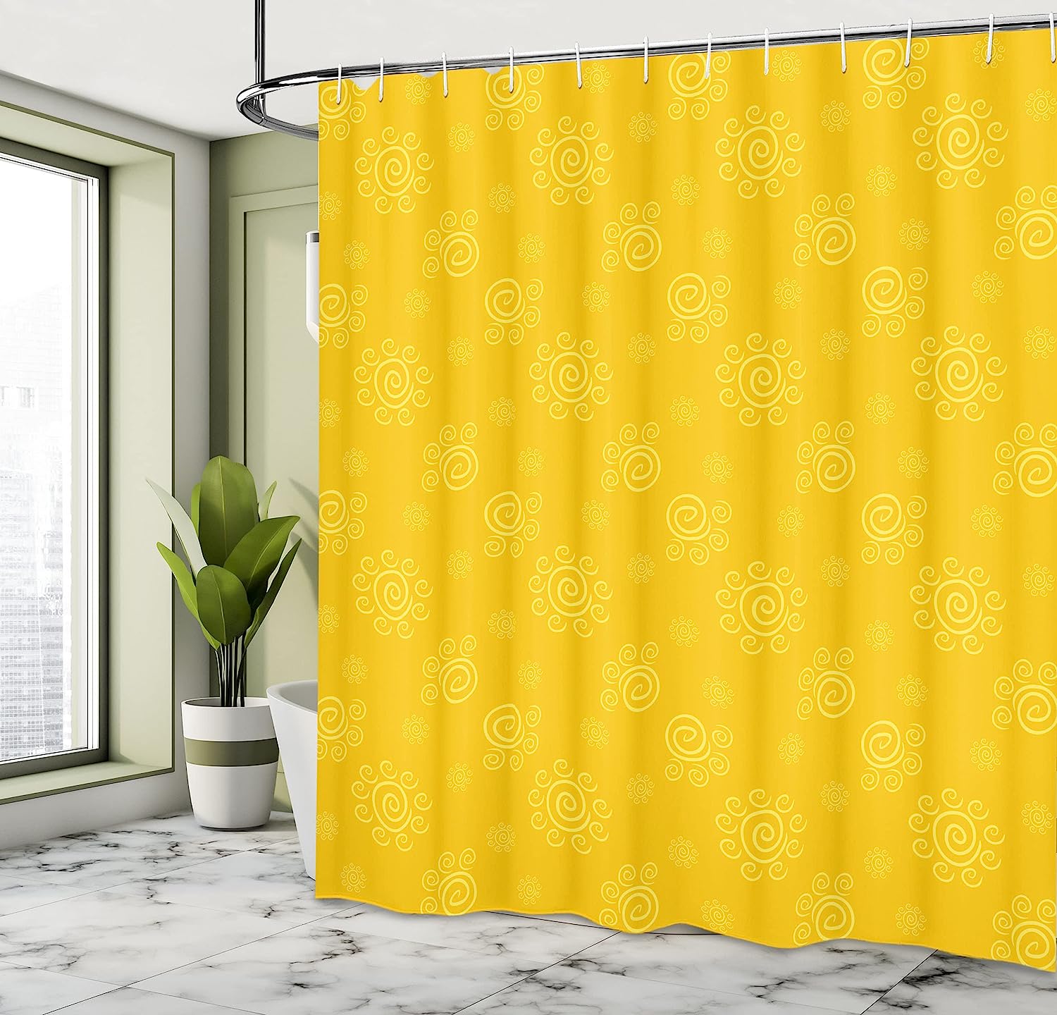 Yellow Sun Solar Hand Drawn Pattern With Little Spiral Spots Like Hot Summer Day Shower Curtain - Image 4