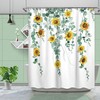Yellow Sunflower And Green Eucalyptus Leaves Shower Curtain, White Fabric Bathroom Curtain With Botanical Print 