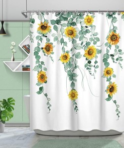 Yellow Sunflower And Green Eucalyptus Leaves Shower Curtain, White Fabric Bathroom Curtain With Botanical Print 