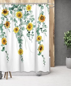 Yellow Sunflower And Green Eucalyptus Leaves Shower Curtain, White Fabric Bathroom Curtain With Botanical Print