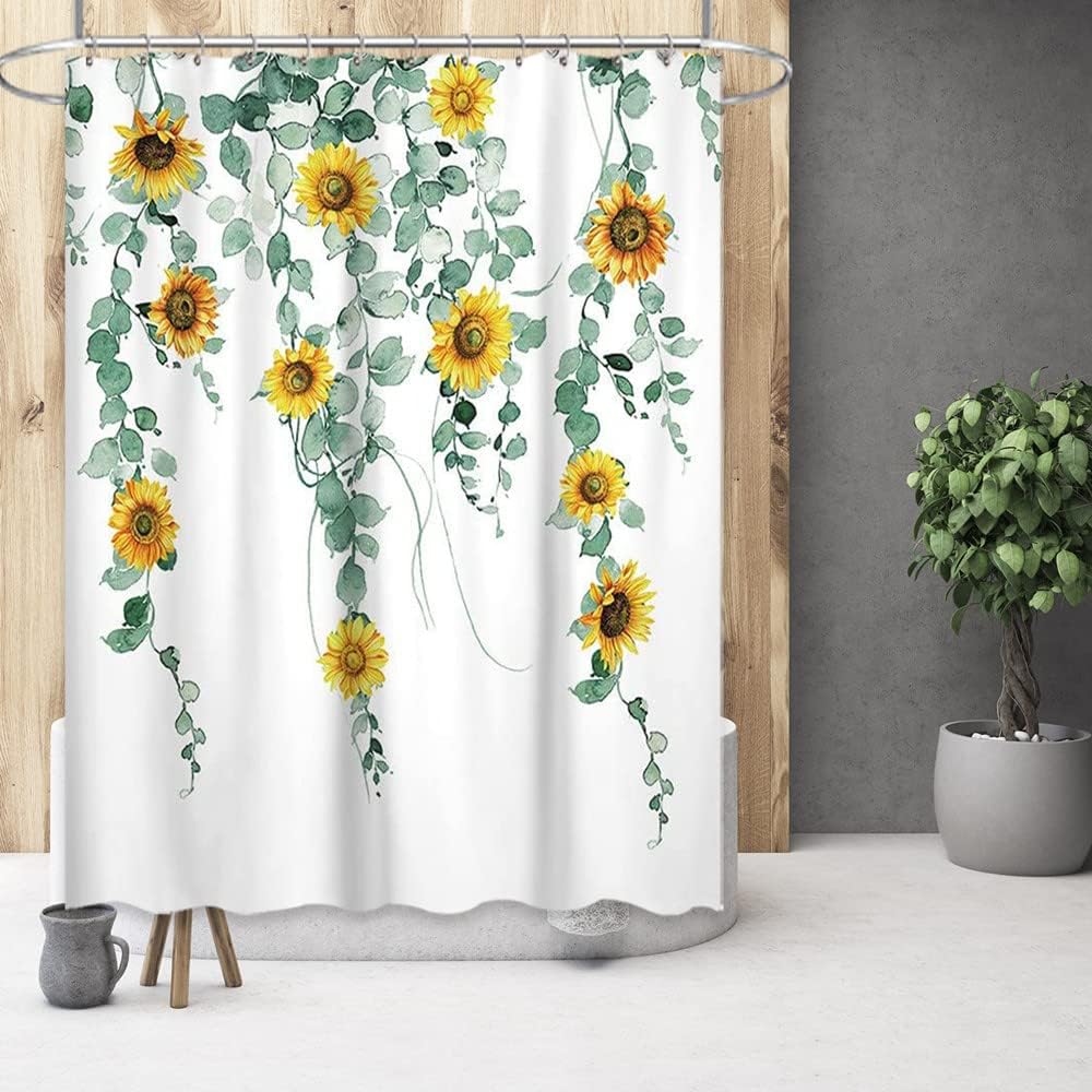 Yellow Sunflower And Green Eucalyptus Leaves Shower Curtain, White Fabric Bathroom Curtain With Botanical Print