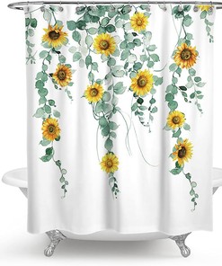 Yellow Sunflower And Green Eucalyptus Leaves Shower Curtain, White Fabric Bathroom Curtain With Botanical Print