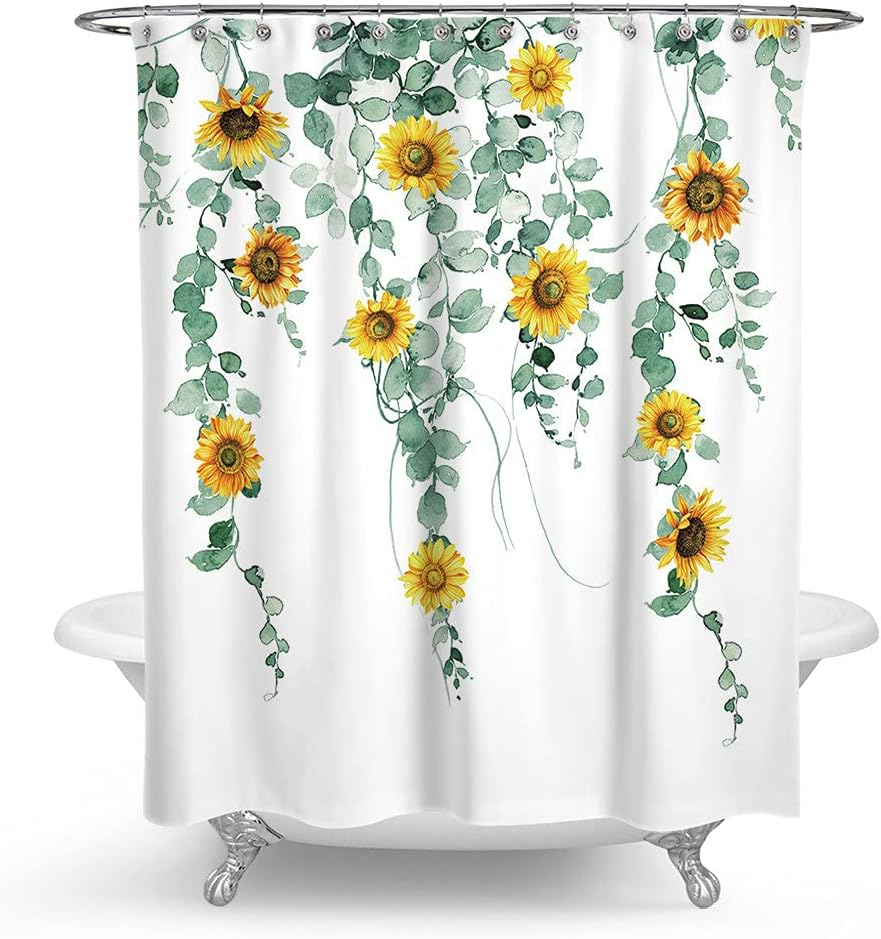 Yellow Sunflower And Green Eucalyptus Leaves Shower Curtain, White Fabric Bathroom Curtain With Botanical Print