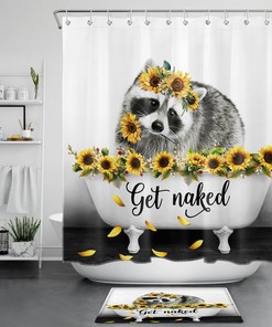 Yellow Sunflower Cute Little Raccoon Shower Curtain for Kid-Friendly Bathroom Decor 