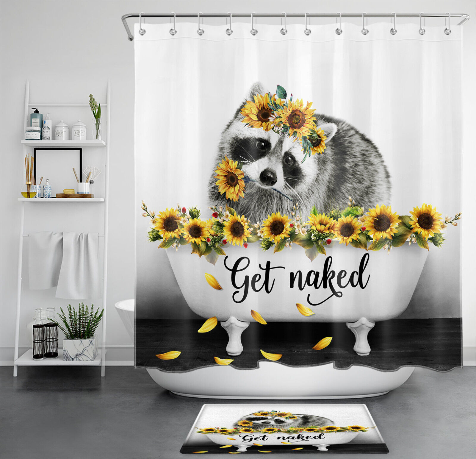 Yellow Sunflower Cute Little Raccoon Shower Curtain for Kid-Friendly Bathroom Decor