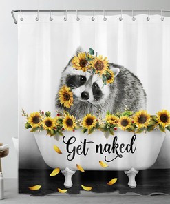 Yellow Sunflower Cute Little Raccoon Shower Curtain for Kid-Friendly Bathroom Decor