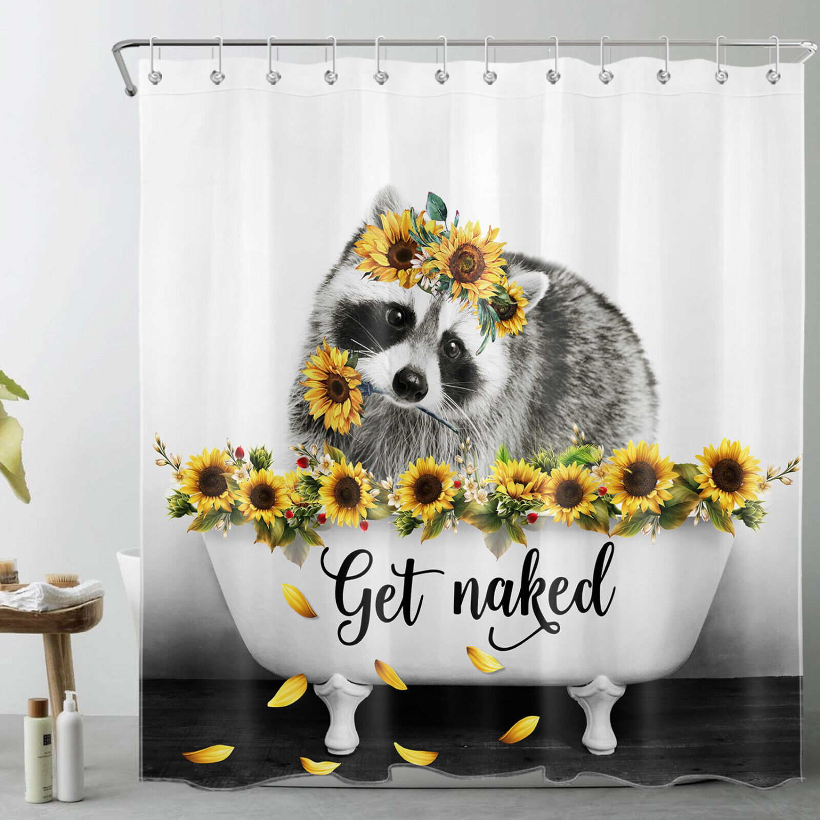Yellow Sunflower Cute Little Raccoon Shower Curtain for Kid-Friendly Bathroom Decor