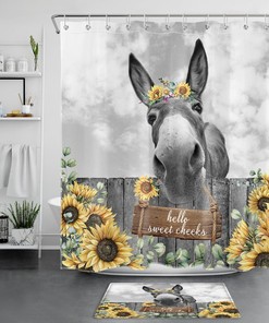 Yellow Sunflower Farmhouse Animal Donkey Shower Curtain for Country-Style Bathroom Decor 