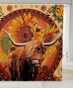 Yellow Sunflower Highland Cattle Boho Sun Moon Shower Curtain for Kids Boys Girls Room Decor